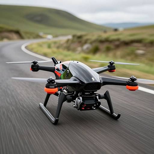 Photograph of a sleek, black quadcopter drone with red LED lights flying along a winding, rural road amidst green hills.