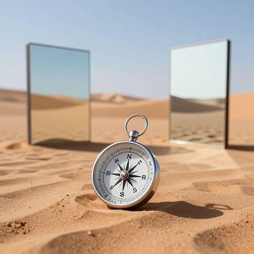 Photograph of a silver compass with a black star needle, lying on golden sand dunes, reflecting in two tilted mirrors.