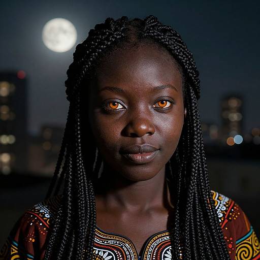 Photograph of a dark-skinned woman with glowing orange eyes, long braids, and colorful traditional attire, against a nighttime cityscape with a bright