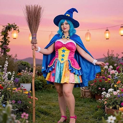 Photograph of a blue-haired woman in a colorful witch costume holding a broomstick, standing in a vibrant garden at sunset.