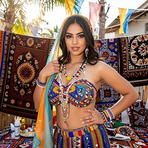 Photograph of a dark-haired South Asian woman in vibrant, beaded, traditional attire with colorful patterns, standing outdoors amidst colorful fabric backdrop.