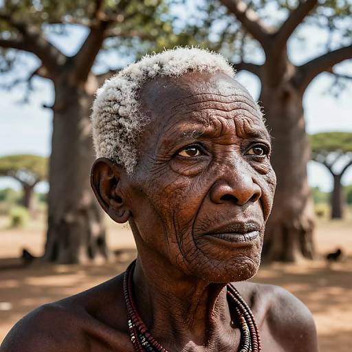 Photograph of an elderly, dark-skinned African man with short, curly white hair, deep wrinkles, and a serious expression, wearing a black be