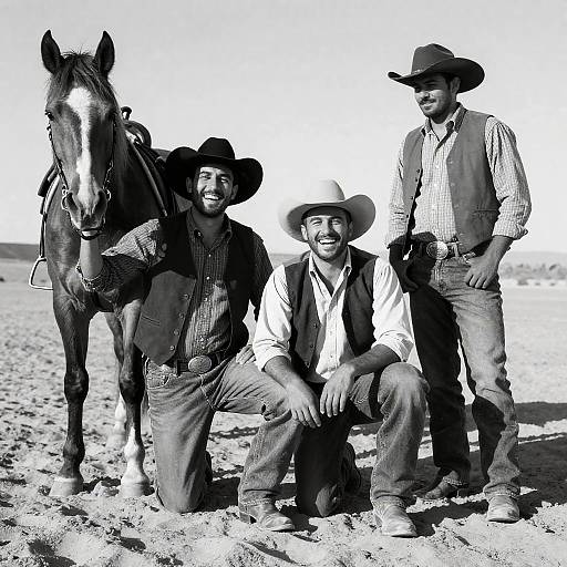 Laughing Cowboys with Horse in Desert