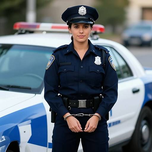 Photograph of a young, attractive female police officer in a dark uniform, standing in front of a white and blue police car.