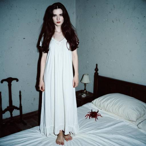 Woman in 1980s Style White Nightgown with Horror Theme