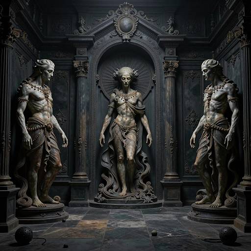 Baroque Style Male Statues in Ornate Dark Room