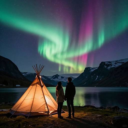 Photograph of a silhouetted couple standing by a glowing orange tent, watching vibrant green, purple, and pink auroras over a calm lake