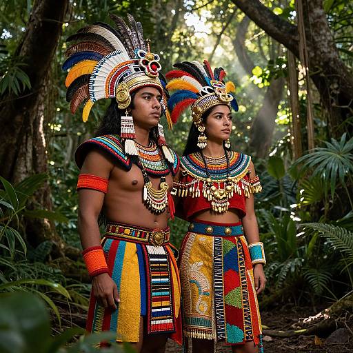 Photograph of two indigenous women in vibrant, colorful traditional Mayan headdresses and attire, standing in a lush, sunlit jungle.