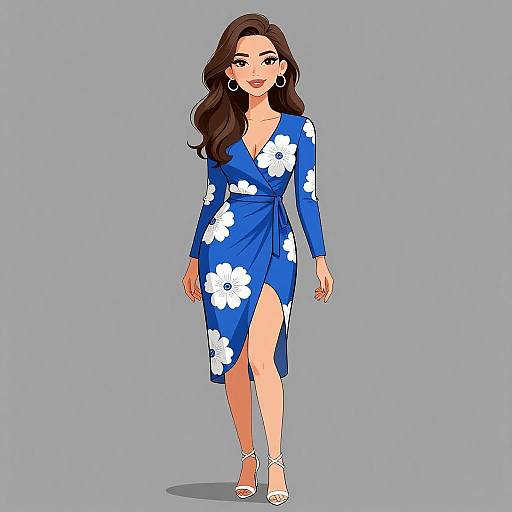 Digital illustration of a smiling woman with long brown hair, wearing a blue floral wrap dress, white sandals, and hoop earrings, walking against a gray background