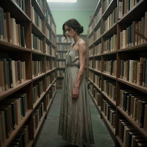 Photograph-style digital art: Gothic, pale woman with dark hair, tattoos, and lace dress stands in dim, narrow library aisle flanked by tall