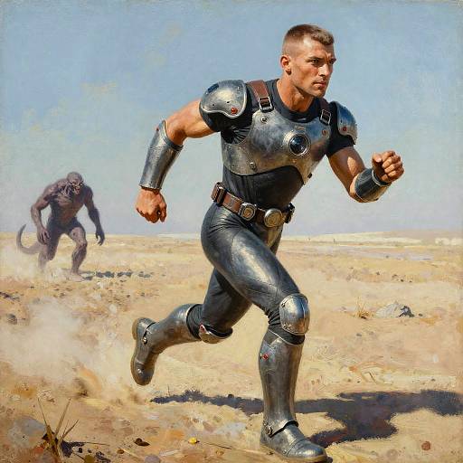 Futuristic Warrior Fleeing Desert Creature