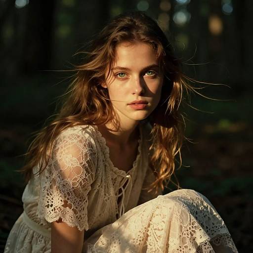 Photograph of a young woman with green eyes and wavy brown hair, wearing a white lace dress, crouching in a sunlit forest.
