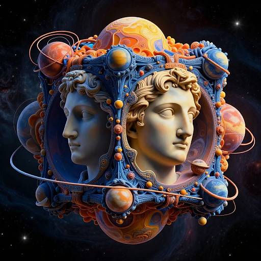 Digital CGI artwork of two classical white marble busts with ornate, colorful celestial headgear featuring planets and rings against a starry space background.