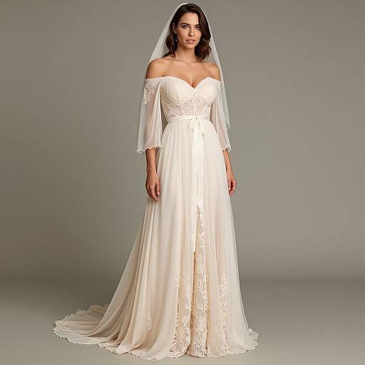 Photograph of a woman with long dark hair wearing an off-the-shoulder, white lace wedding dress with long sleeves and a flowing veil against a