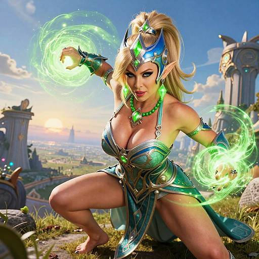 Digital artwork of a blonde, elf-like sorceress with large breasts, glowing green magic, blue armor, and a majestic cityscape background.