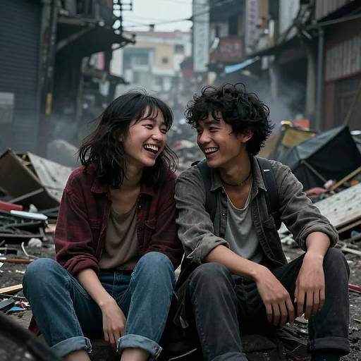 Photograph of laughing Asian couple with messy black hair, wearing casual clothes, sitting amidst rubble in a post-apocalyptic urban alley.