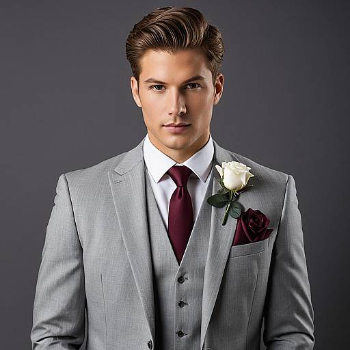 Handsome Man in Gray Suit with Boutonniere