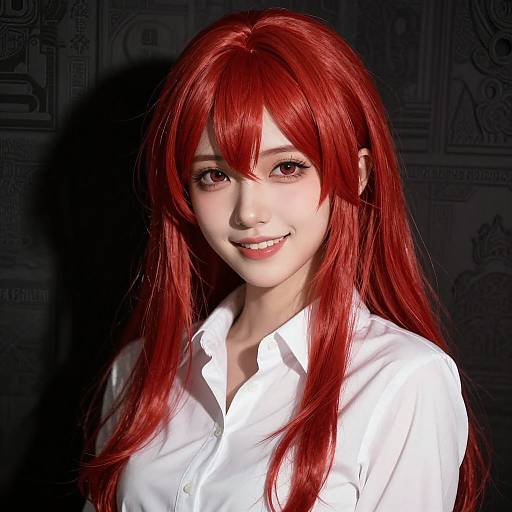 Digital artwork of a smiling Asian woman with long red hair, wearing a white button-up shirt, against a dark, intricate background.