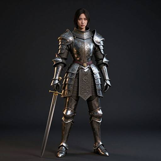 Photorealistic CGI of a serious-looking woman in full medieval silver armor, holding a sword, standing against a dark background.