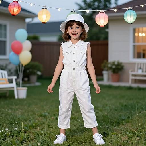 Photograph of a smiling young girl in a white outfit and hat, standing on a grassy lawn with colorful lanterns and balloons in the background.