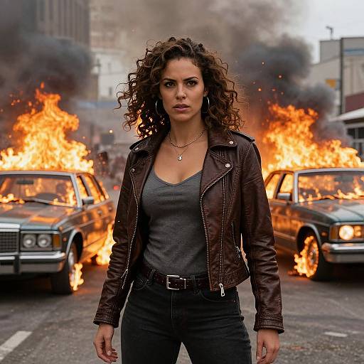 Photograph of a determined woman with curly brown hair, wearing a black leather jacket and gray tank top, standing in front of burning cars during a chaotic