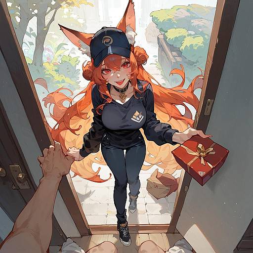 Delivery Girl with a Box and Paw Pose