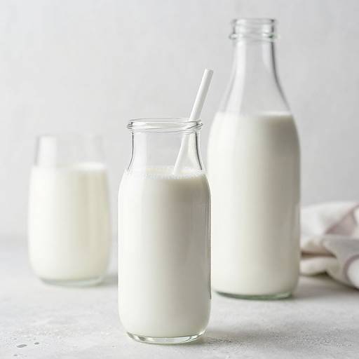Photograph of two glass bottles and a glass filled with white milk, slightly blurred background, bright natural light, simple white and grey tones.
