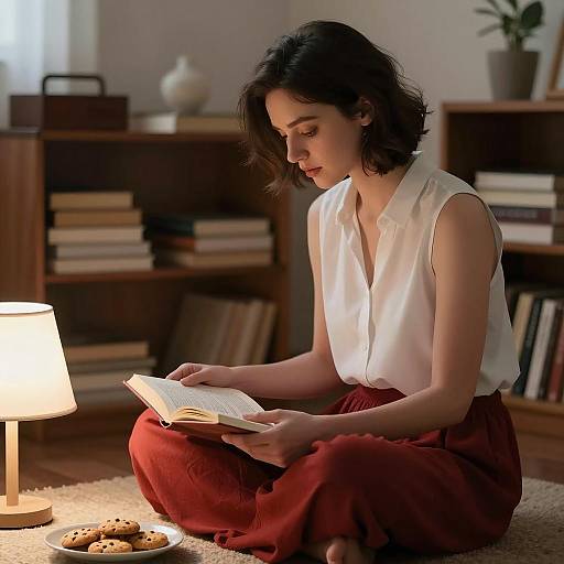 Woman Reading Book Indoors by Lamp Light