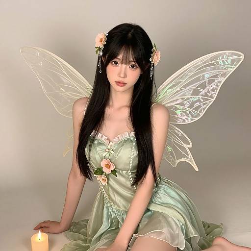 Digital art of an anime-style fairy with long black hair, green dress, translucent wings, flower hairpiece, and candlelit background.