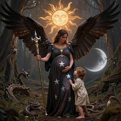 Digital fantasy artwork: Pregnant angelic woman with black wings, stars on dress, holding staff, stands before sun and moon, young boy touches her