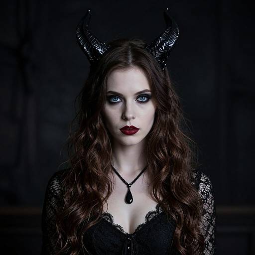 Photograph of a pale, blue-eyed woman with long wavy brown hair, black lace dress, and black horn headpiece, wearing dark red lipstick