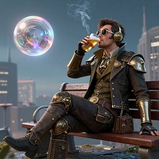 Steampunk man in metallic armor and headphones, smoking a bubble drink on a bench, futuristic cityscape with glowing orb in background.