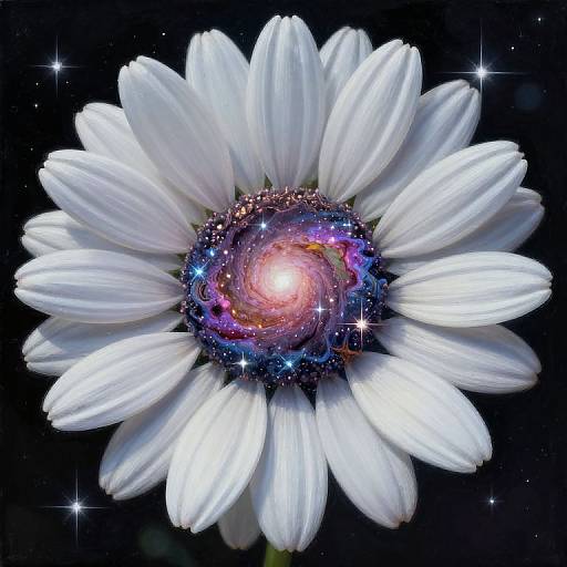 Photograph of a white daisy with a glowing, colorful galaxy center against a starry black background, blending nature and space themes.