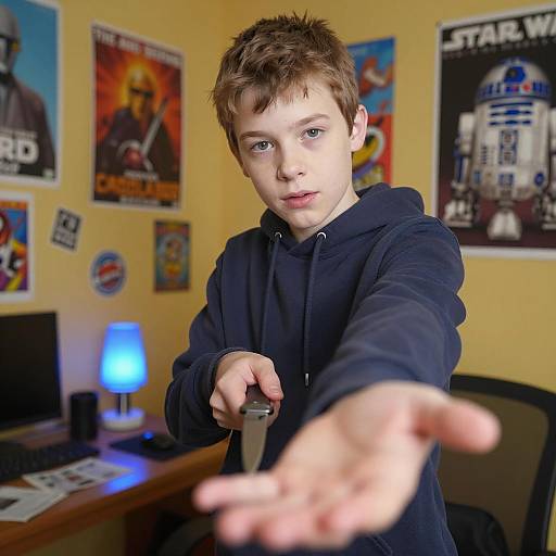 Young Boy in Cluttered Room with Knife