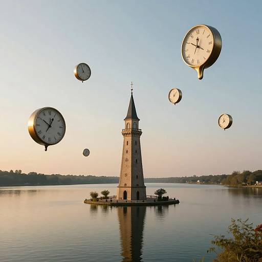 Photograph of a tall, stone clock tower on a small island surrounded by calm water, with seven floating clocks in the sky.