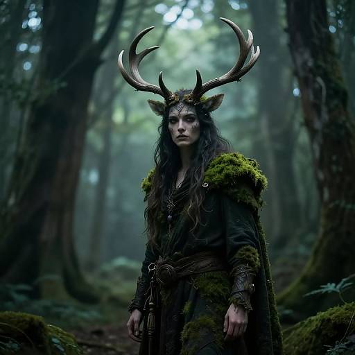 Digital artwork of a mystical forest creature with antlers, long black hair, moss-covered cloak, and dark, serious expression, standing amid misty,