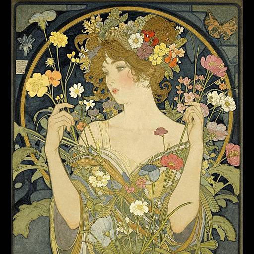 Art Nouveau-style illustration of a fair-skinned woman with brown hair adorned with flowers, holding blossoms, surrounded by vibrant flowers and a butterfly,