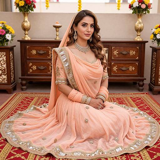 Photograph of a beautiful Indian woman with long brown hair, wearing a peach saree with gold embroidery, seated on a red carpet, adorned with jewelry