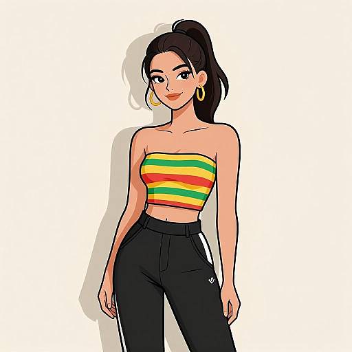 Digital illustration of a smiling woman with fair skin, black ponytail, large gold hoop earrings, wearing a colorful striped tube top and black high-wa