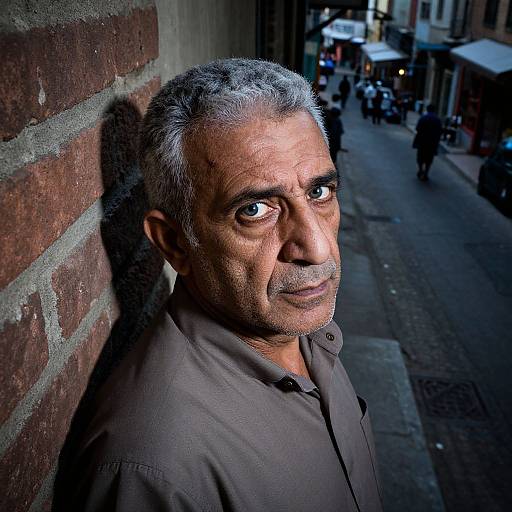 Photograph of a middle-aged Indian man with gray hair and brown shirt, standing against a brick wall on a dimly lit urban street, looking directly