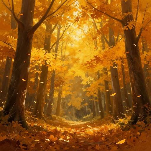 Photograph-like digital illustration of a sunlit forest path, surrounded by tall trees with vibrant orange autumn leaves, golden sunlight filtering through, and leaves falling