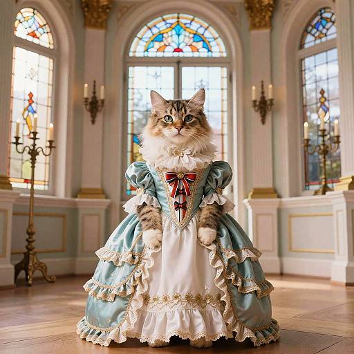 Photograph of a fluffy, long-haired tabby cat in a Victorian-style blue and white lace dress with a red bow, standing in a sunlit