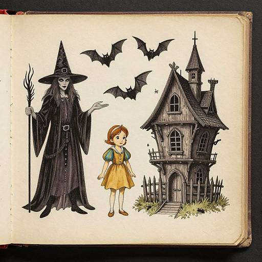Illustration of a witch in black robe and hat, holding a staff, next to a little girl in yellow dress, with a haunted house and flying