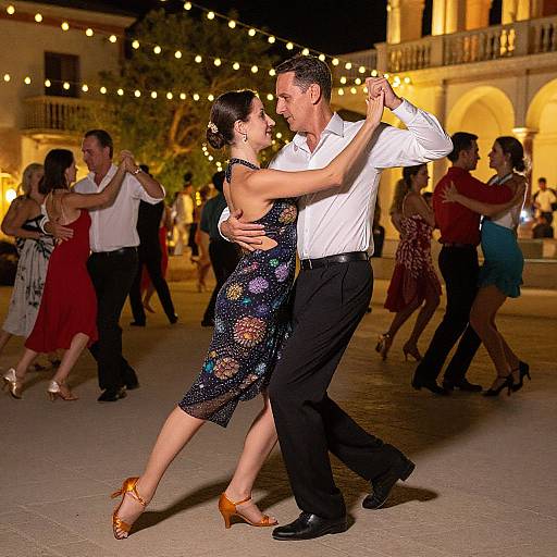 Photograph of a couple dancing salsa in a courtyard at night, surrounded by string lights, other dancers, and historic architecture.