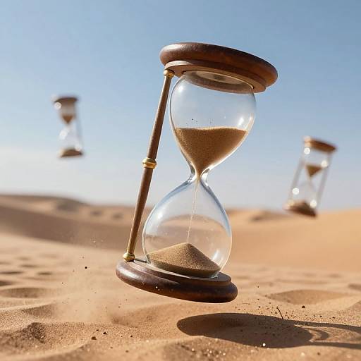 Photograph of three hourglasses on sandy desert, with clear blue sky. Foremost hourglass in sharp focus, others blurred in background. Sun