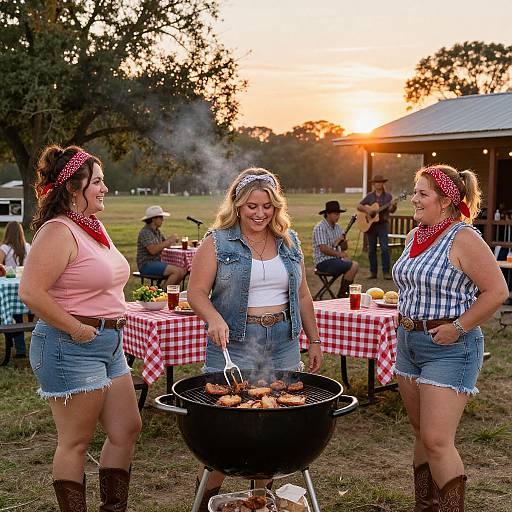 Photograph of three women with red polka dot bandanas, denim shorts, and cowboy boots, grilling burgers at a sunset picnic.