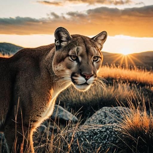 Cougar at Sunset in Rocky Grassland