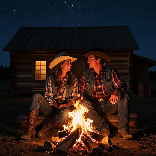 Photograph of a couple in cowboy attire, sitting by a campfire in front of a wooden cabin at night, starry sky overhead.