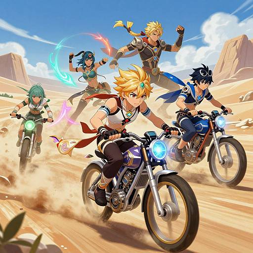 Anime-style digital artwork of five characters riding motorcycles in a desert, each with unique outfits and abilities, racing under a bright blue sky.