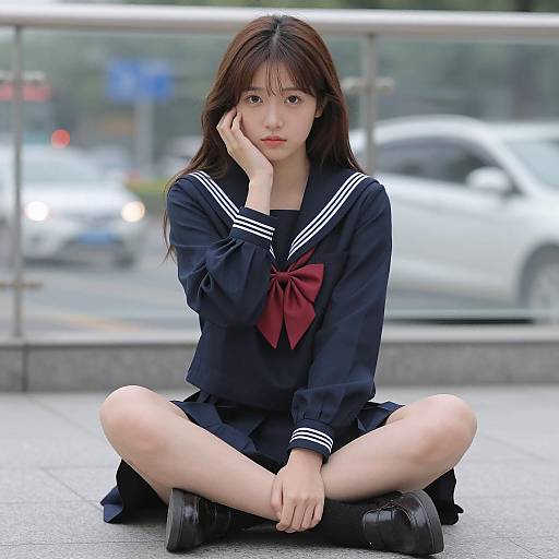 Asian Woman in Blue Sailor School Uniform Sitting Cross-Legged
